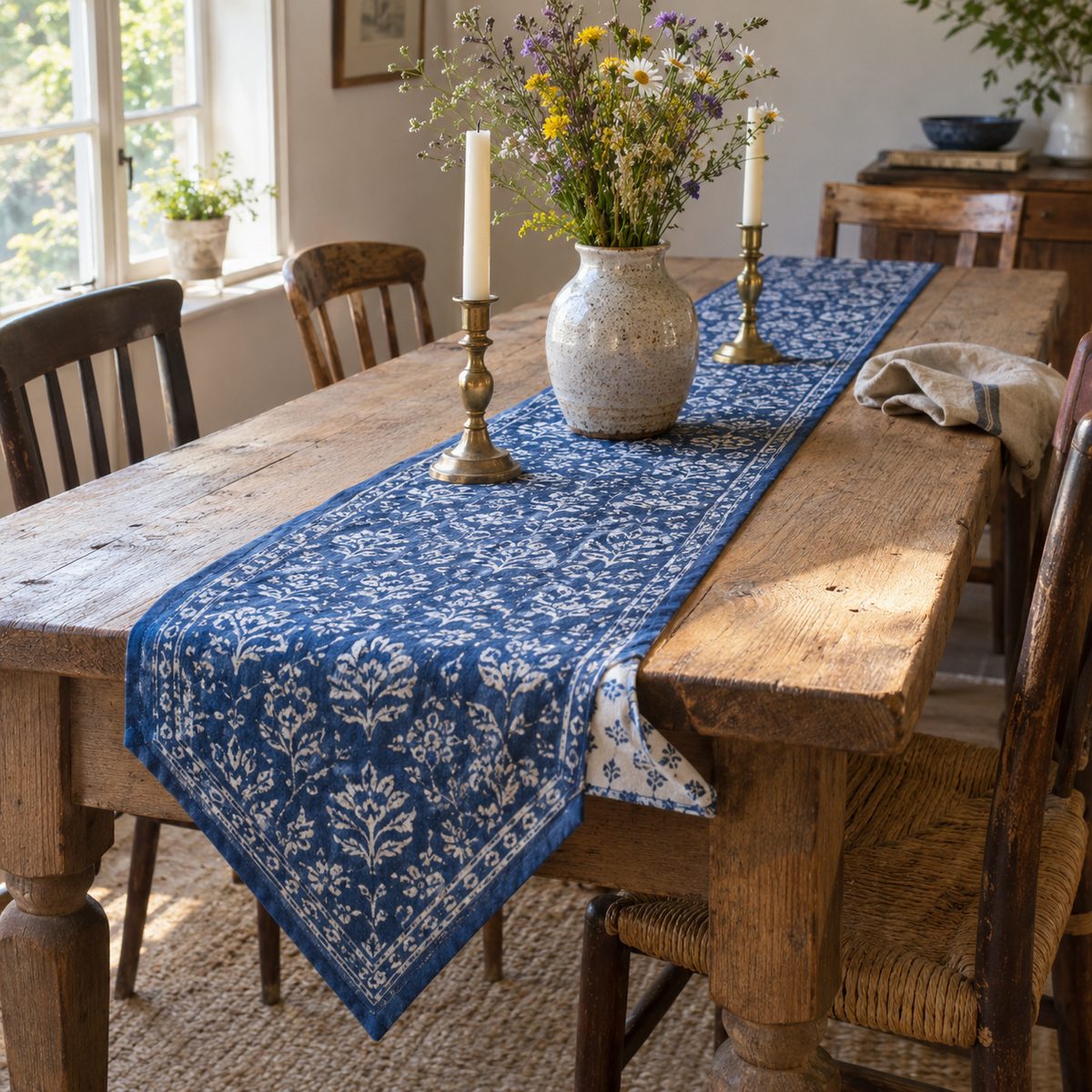 Indigo block-print table runner with pointed ends on a rustic wood dining table