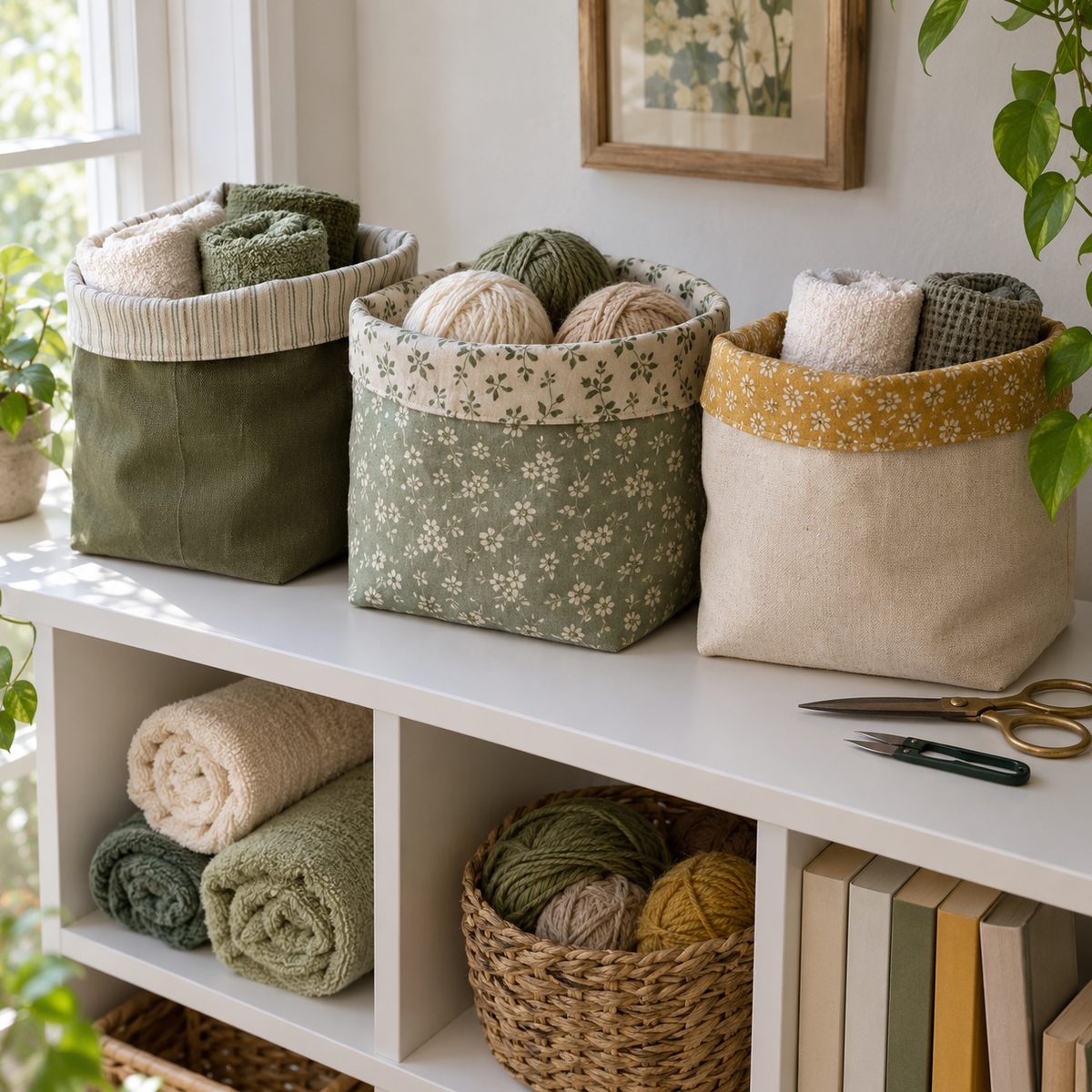 Three fabric storage baskets with folded cuffs on a white bookshelf