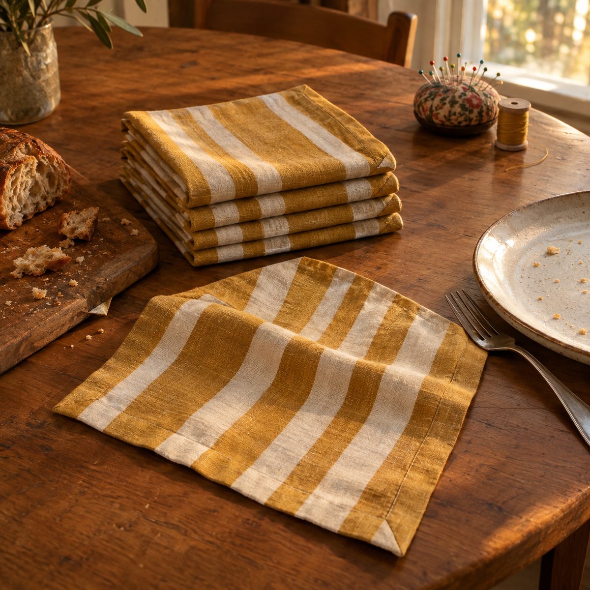 Stack of striped linen napkins with mitered corners on a kitchen table