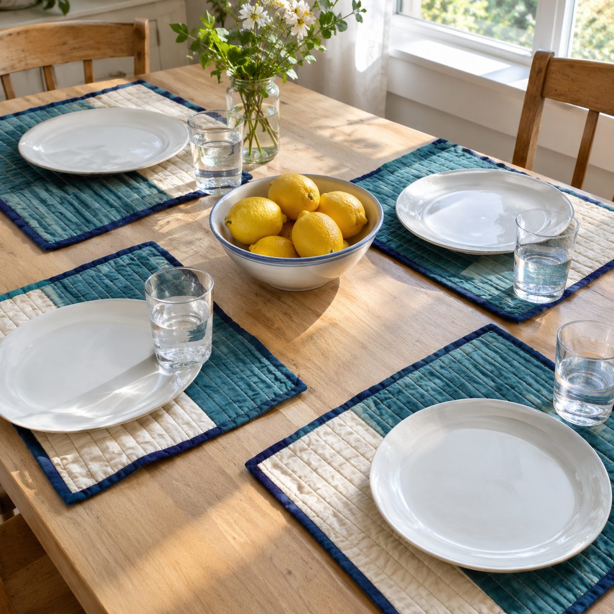 Four teal quilted placemats with navy binding set on a dining table