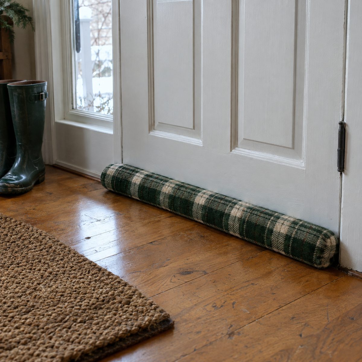 Green plaid draft stopper at the base of a white front door