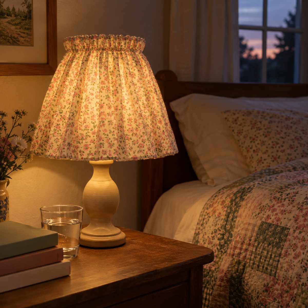 Table lamp with a gathered ditsy floral fabric lampshade cover on a nightstand