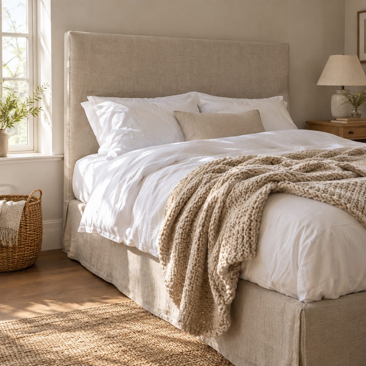 Natural linen slipcover over a tall headboard in a bright bedroom