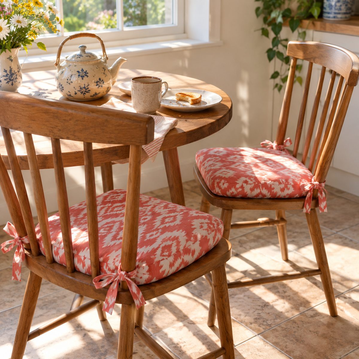 Coral patterned tie-on cushions on wooden kitchen chairs