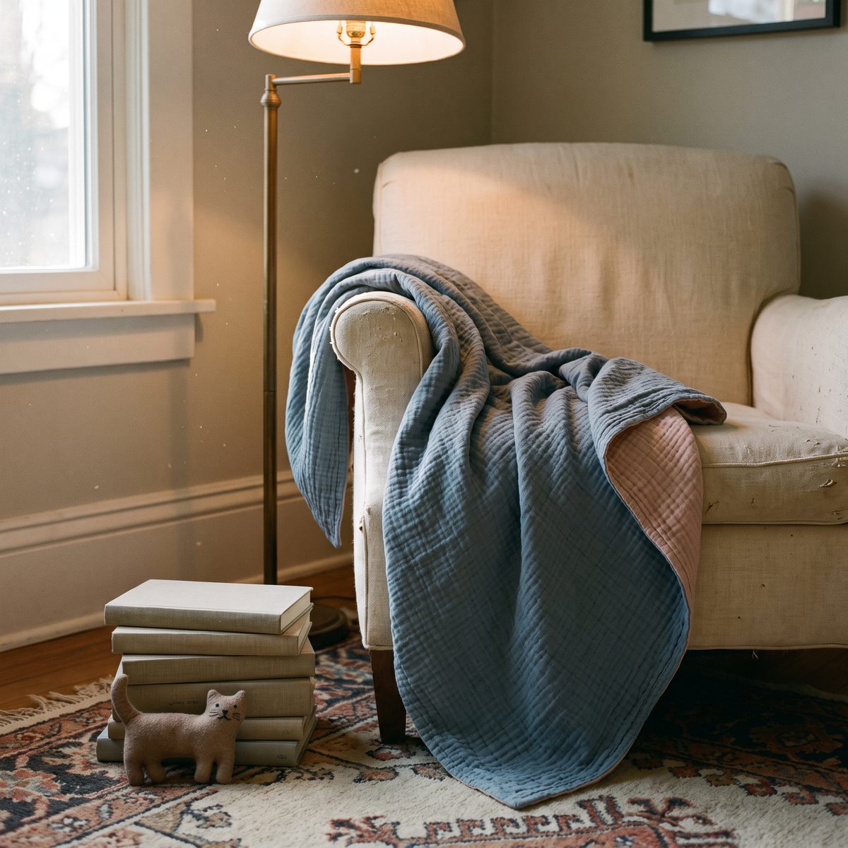 Dusty blue double gauze throw blanket draped over a cream armchair