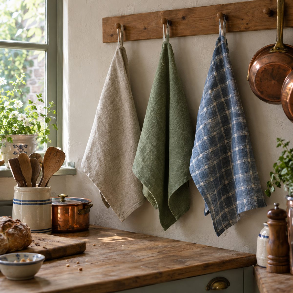 Three linen tea towels hanging on a wooden peg rail in a kitchen