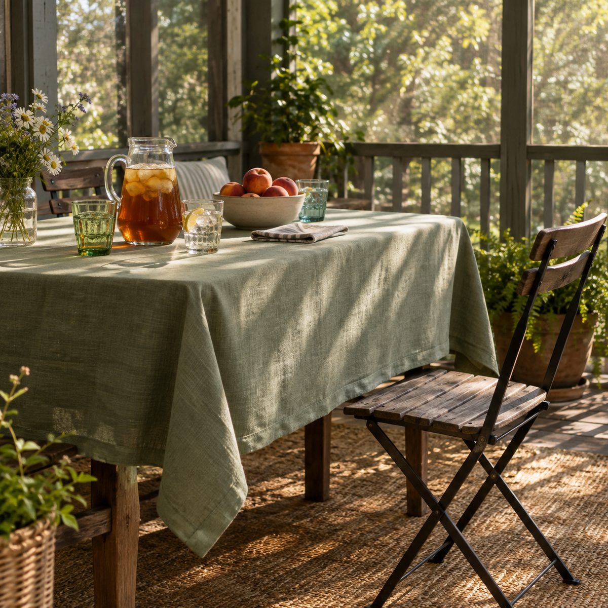 Sage green linen tablecloth on a porch table with a pitcher and peaches