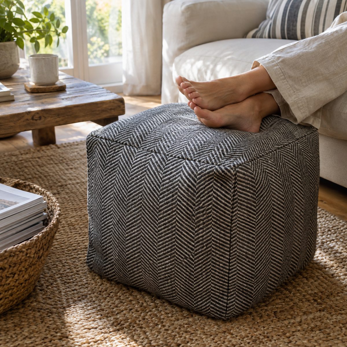 Charcoal herringbone cube floor pouf on a jute rug in a living room