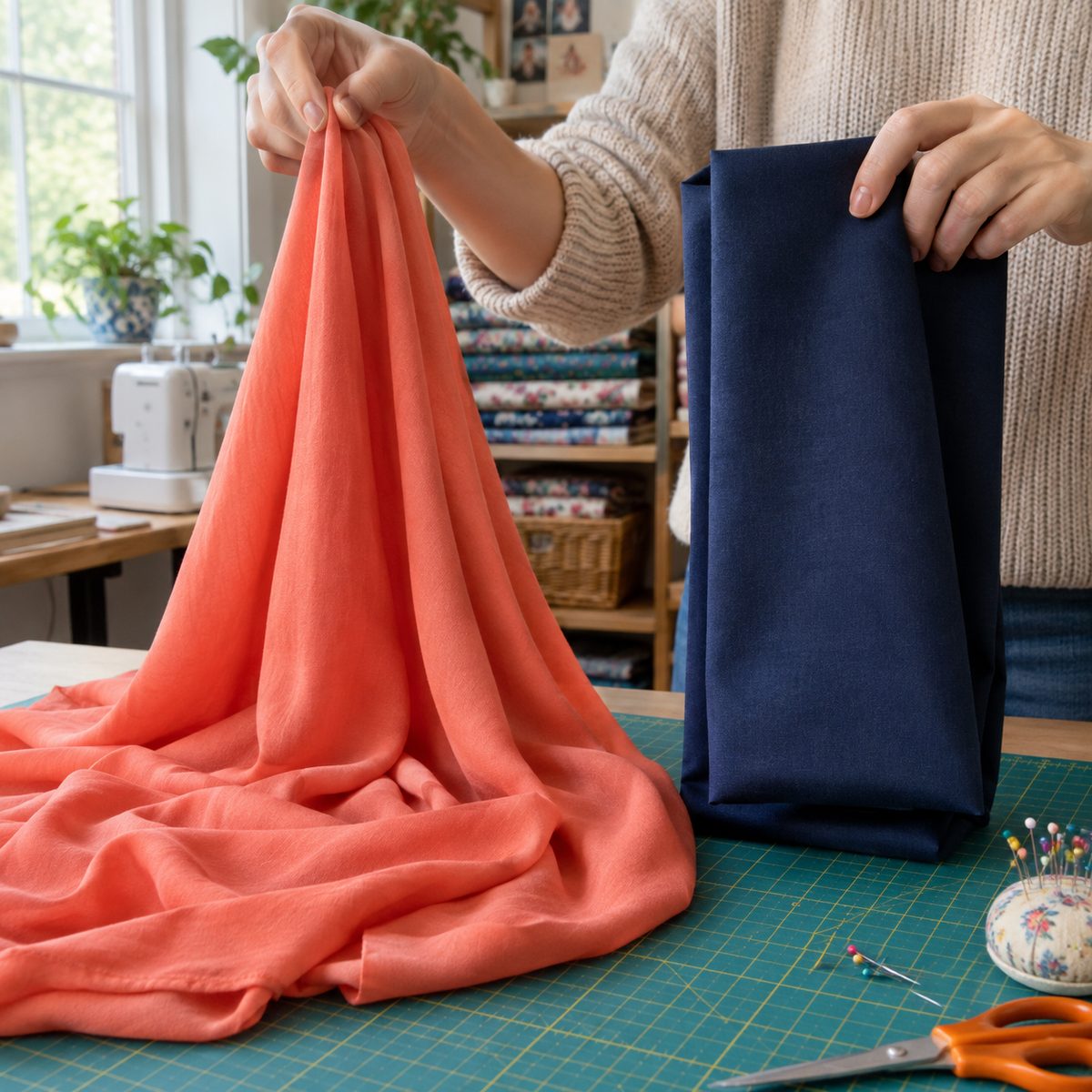 Hands comparing the soft drape of rayon with the crisp body of quilting cotton