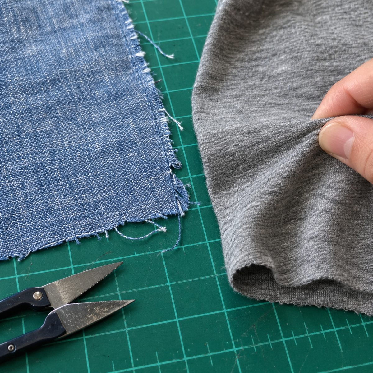 Woven chambray with frayed edge next to stretchy jersey knit being gently pulled