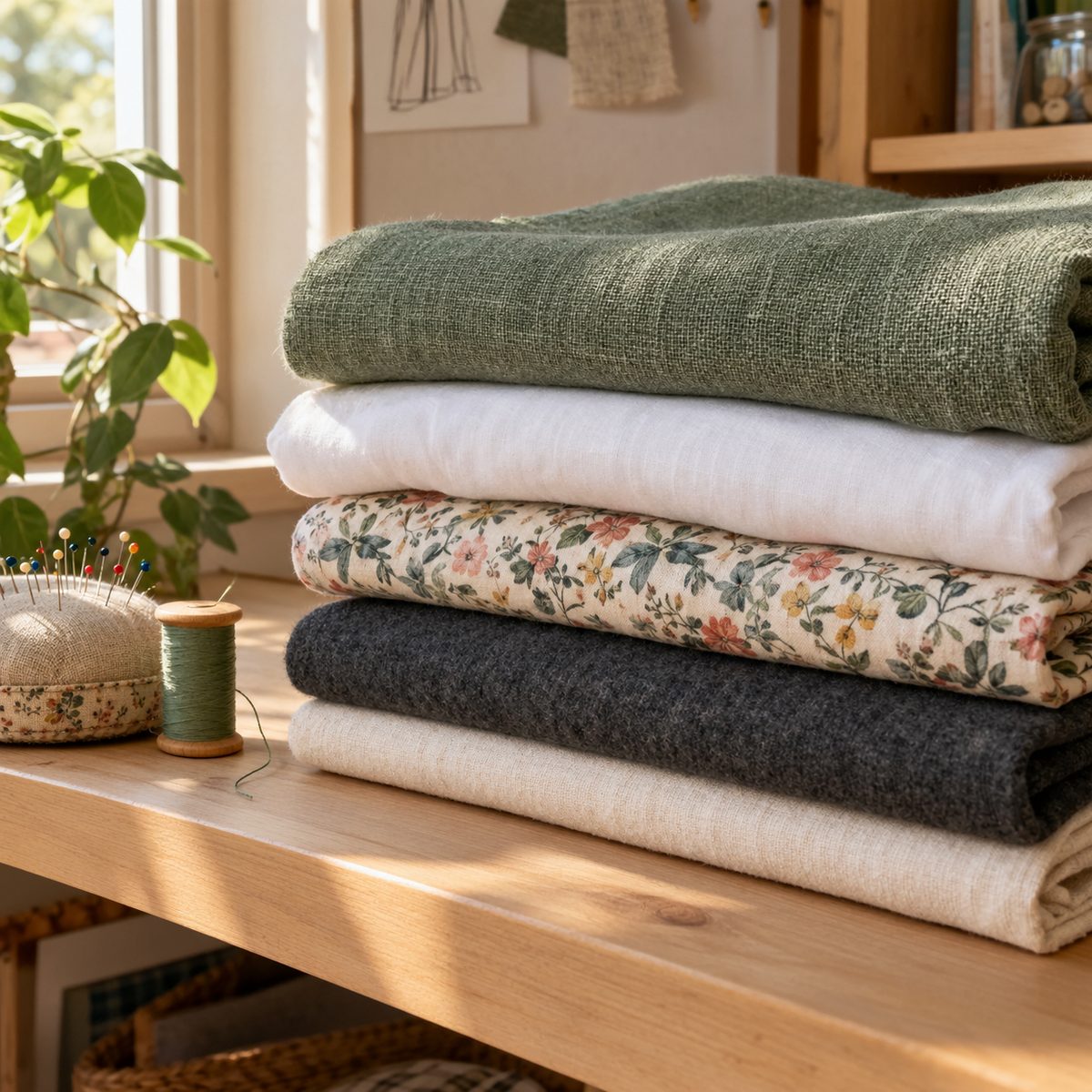 Stack of linen, cotton, viscose, wool and blended fabrics showing different textures