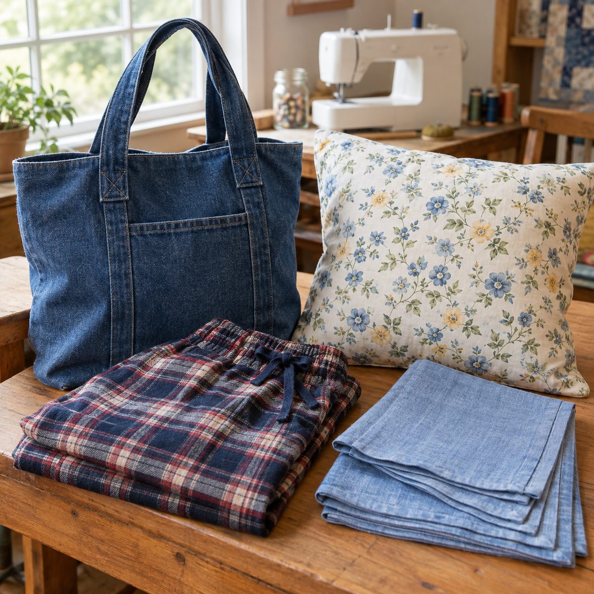 Finished tote bag, flannel pajama pants, pillow cover and linen napkins made from beginner-friendly fabrics