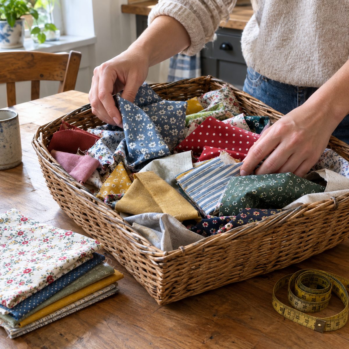 Hands sorting through a basket of discounted fabric remnants