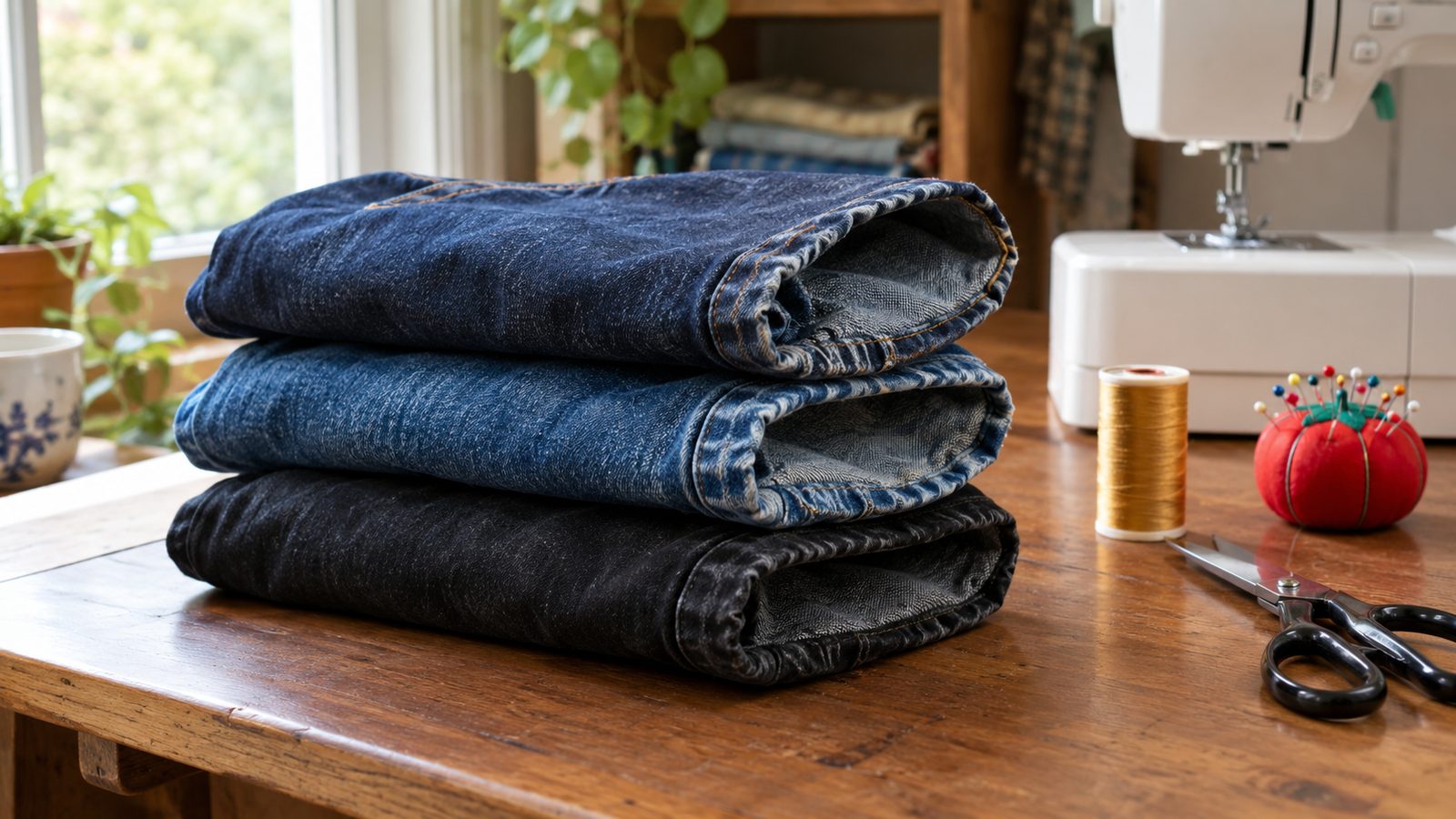 Three pairs of jeans in different washes, hemmed with their original factory hems kept intact