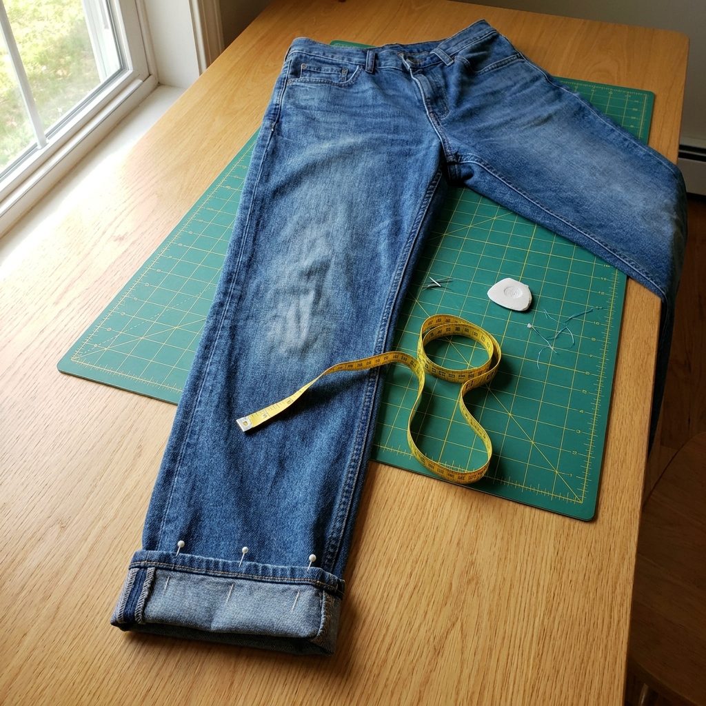 Jeans laid flat with the hem pinned up at the new length and a measuring tape nearby