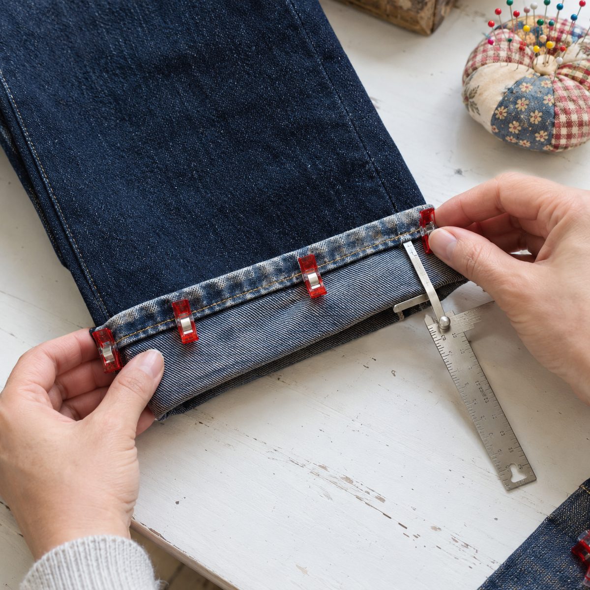 Jeans leg folded into a cuff and clipped, with the original hem sitting on top of the fold