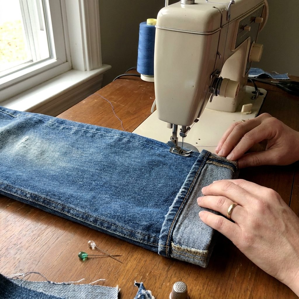Sewing along the edge of the original hem band with a zipper foot on a cuffed jeans leg
