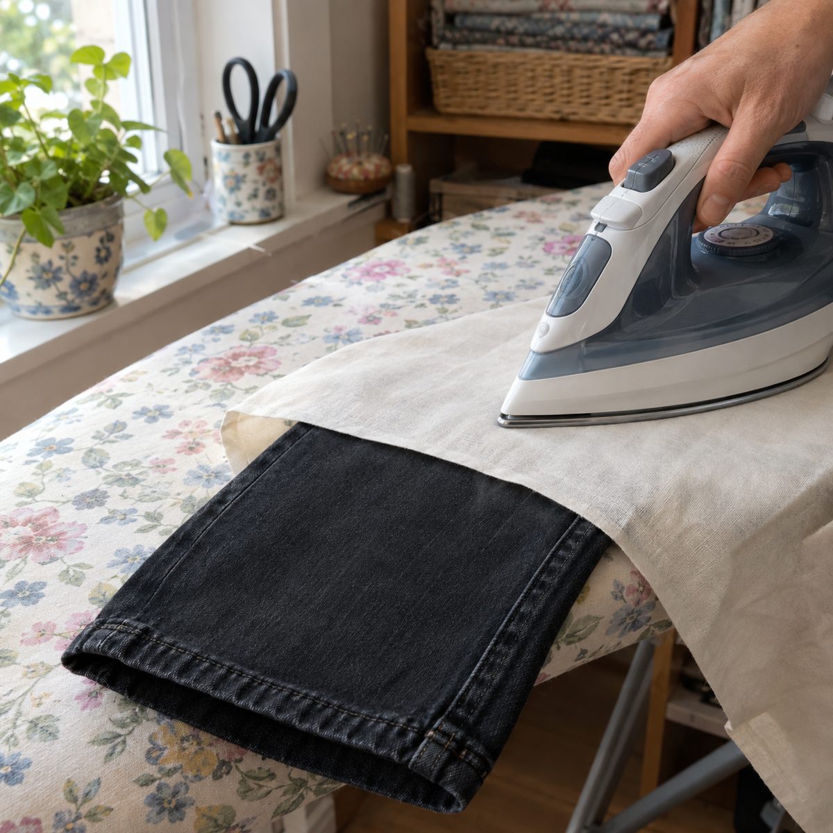 Pressing the finished jeans hem with a pressing cloth on an ironing board