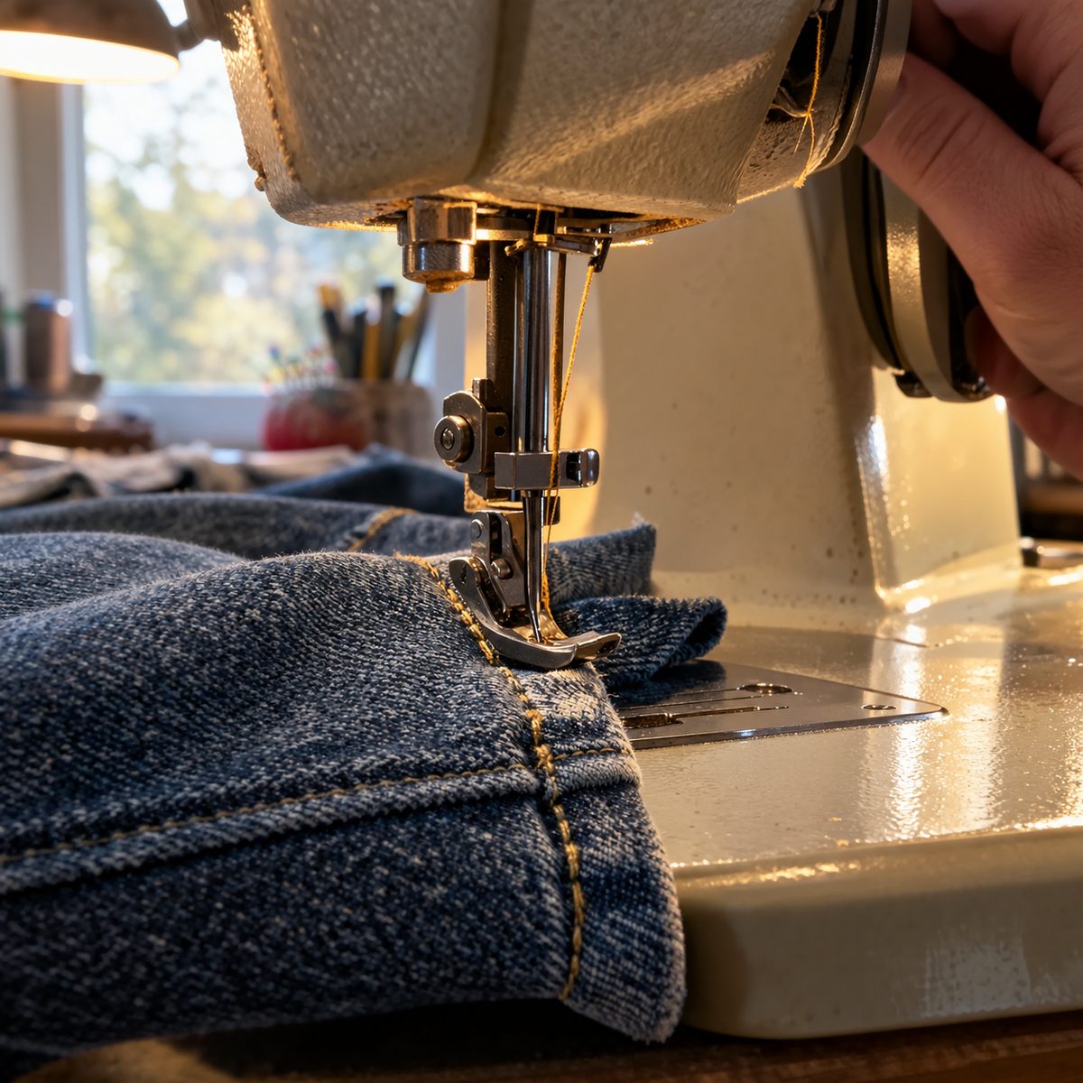 A folded denim scrap under the back of the presser foot to level it over a thick jeans side seam