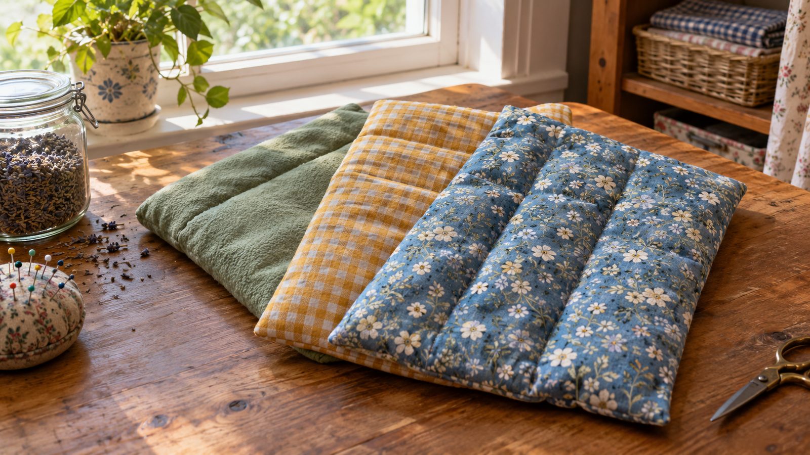 Three finished rice heating pads in cotton prints with a jar of dried lavender