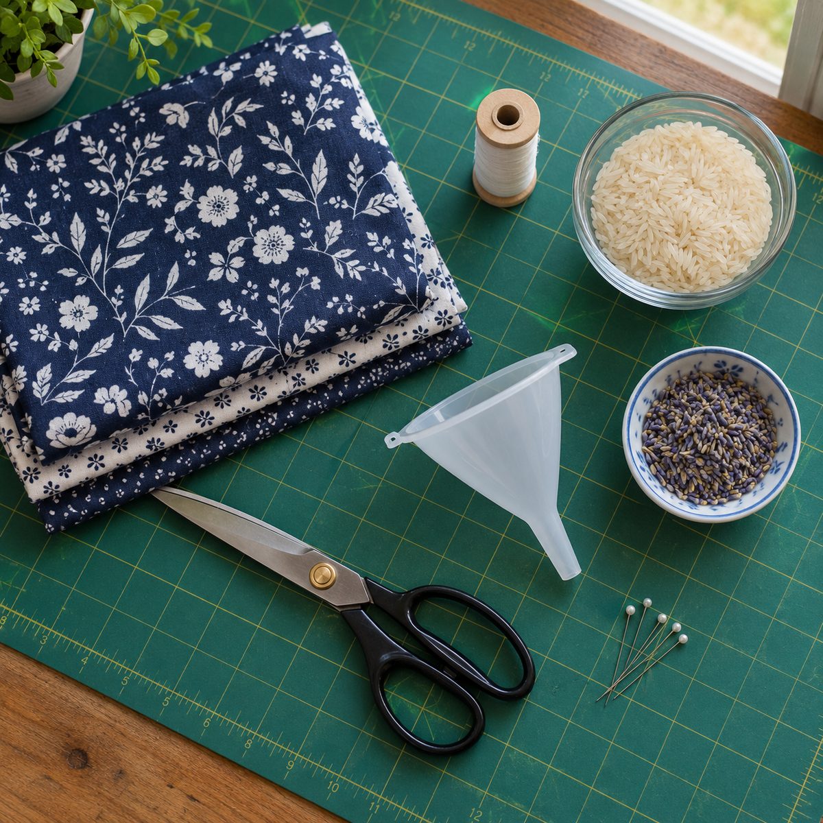Cotton fabric, cotton thread, uncooked rice and dried lavender ready for a heating pad