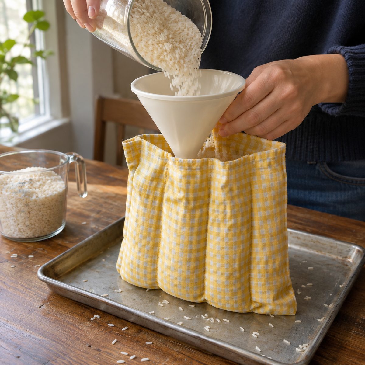 Filling each channel of the heating pad with rice through a funnel