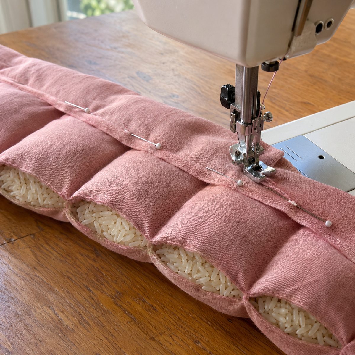 Stitching the closing seam across the top of the filled rice pad with a zipper foot