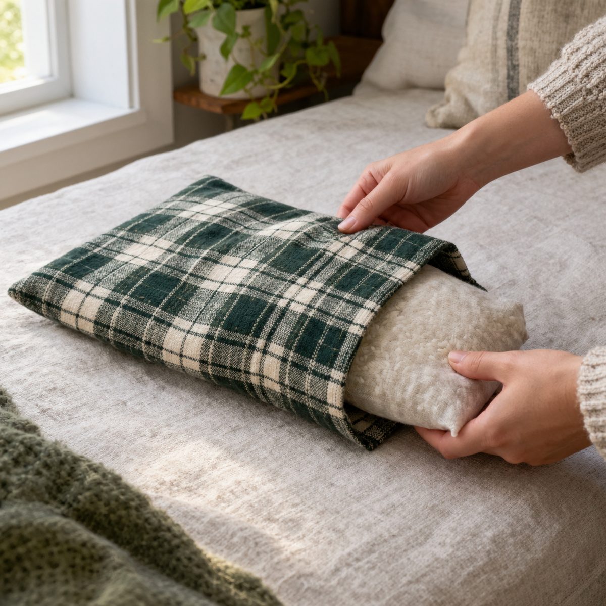 Slipping the rice heating pad into a washable envelope cover
