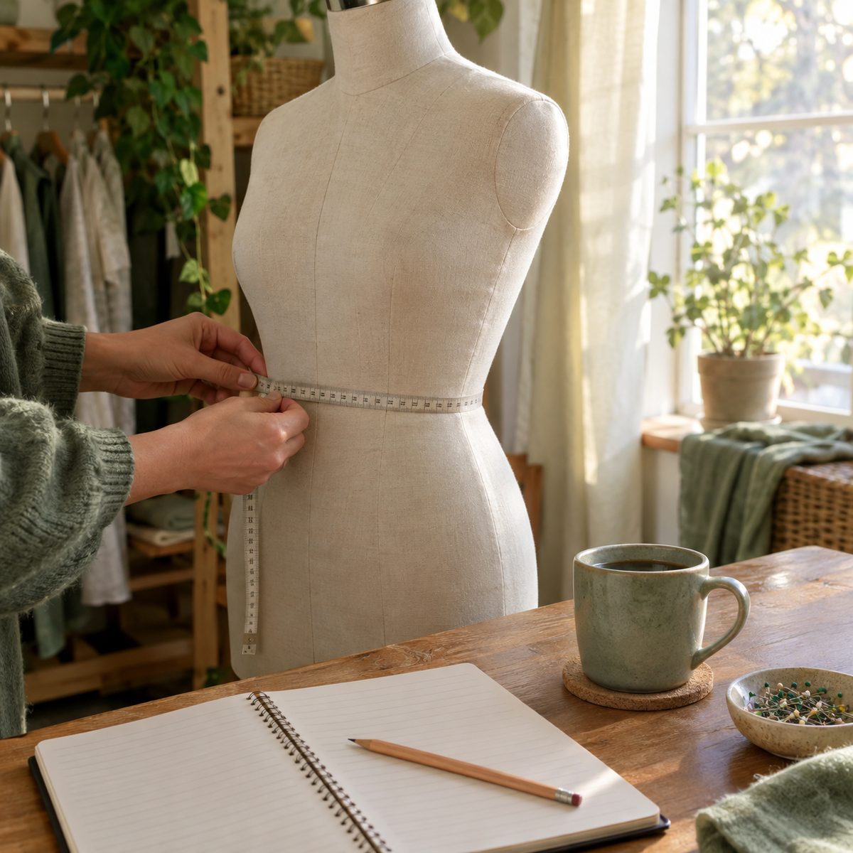 Hands measuring a dress form's waist with a fabric tape measure to choose a pattern size