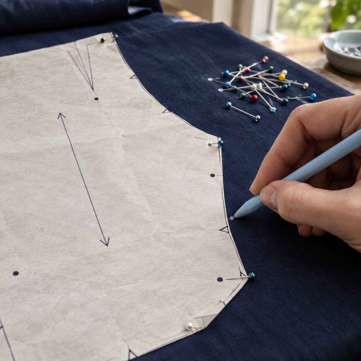 Transferring a dot and dart marking from blank pattern tissue onto navy cotton fabric with chalk