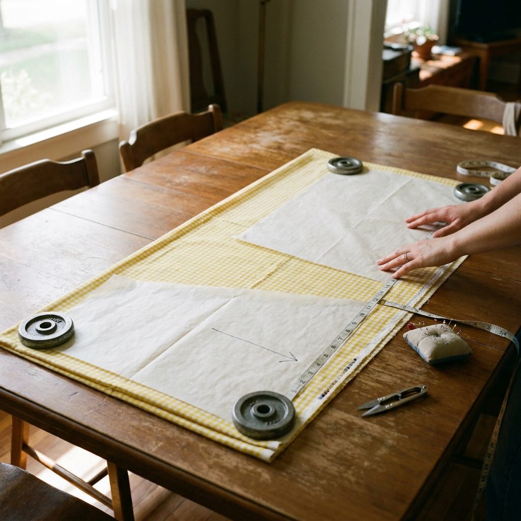 Laying out pattern pieces on folded gingham fabric and checking the grainline against the selvage