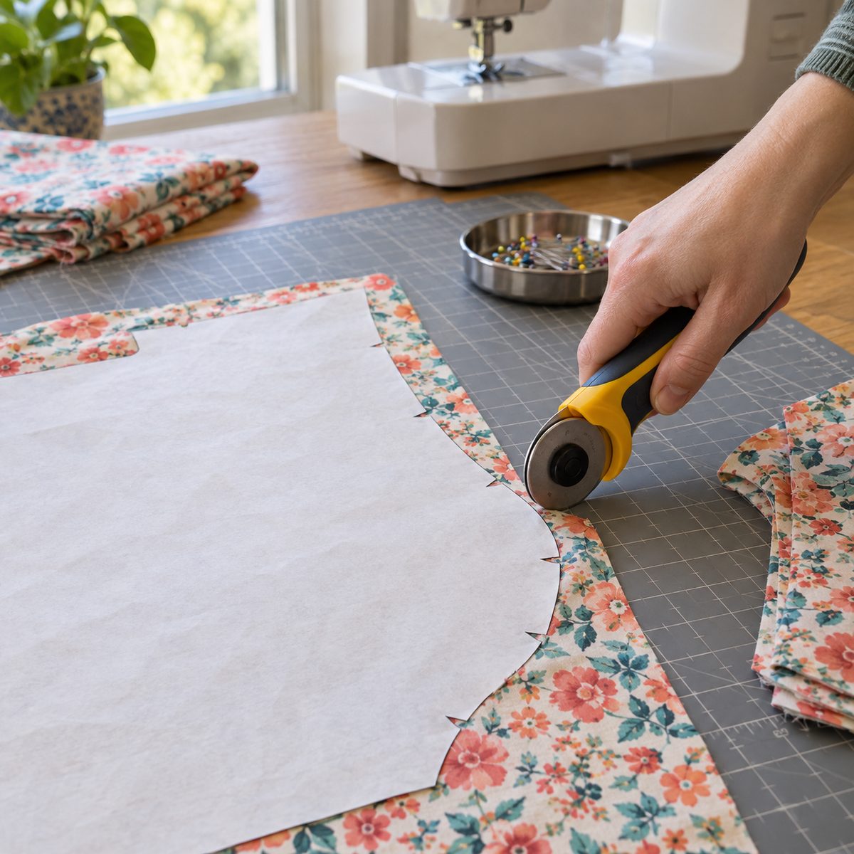 Cutting out a sewing pattern piece in floral cotton with a rotary cutter on a cutting mat
