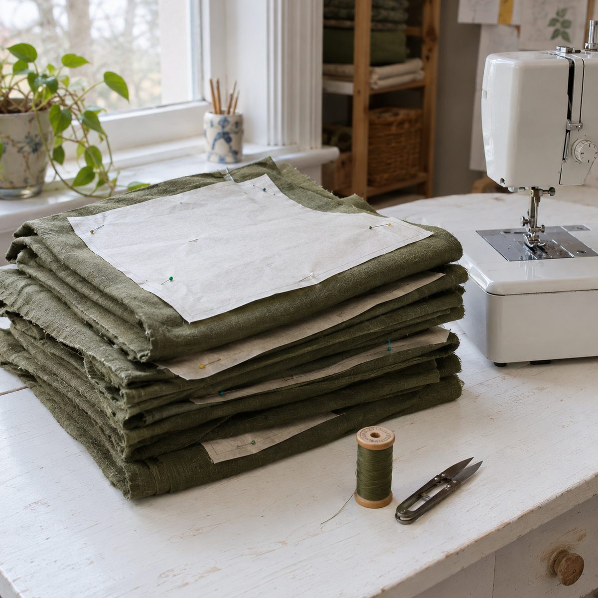 Cut linen garment pieces with pattern tissue still pinned on, stacked next to a sewing machine