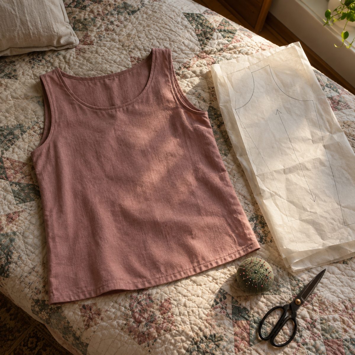 A finished handmade cotton top lying flat beside the blank pattern tissue used to make it