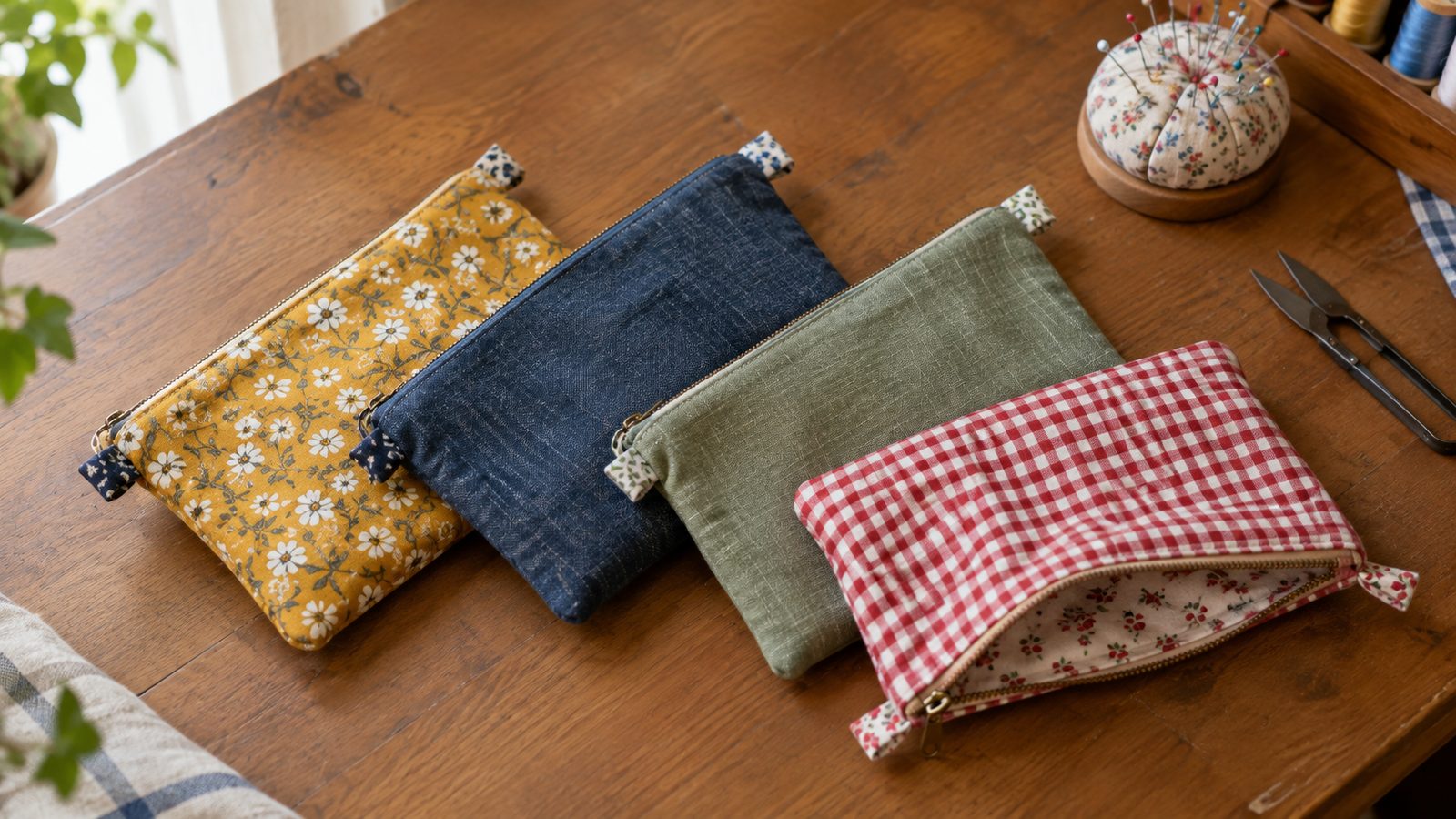 Four finished lined zipper pouches in floral, chambray, linen, and gingham fabrics on a wooden table