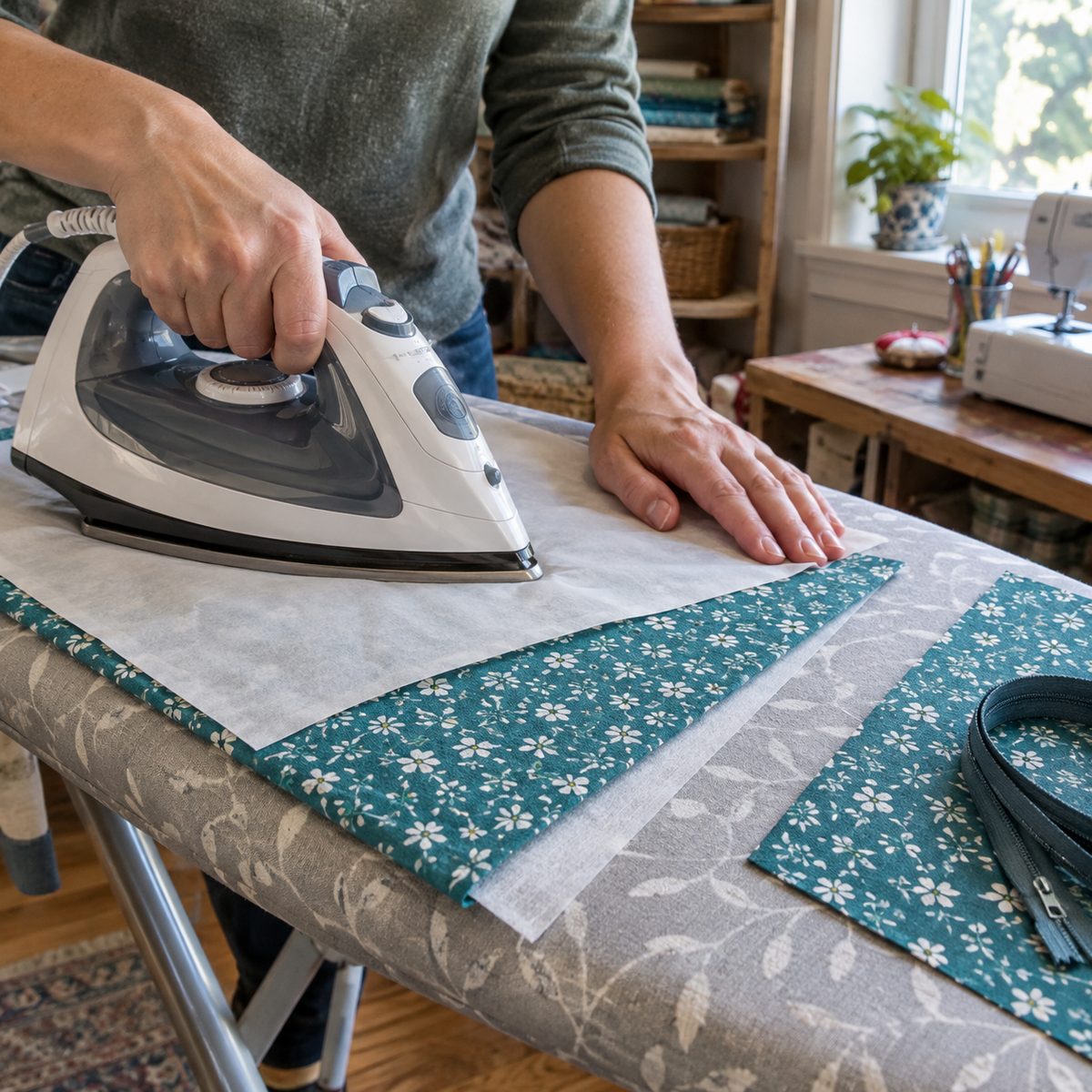 Fusing interfacing to the back of a cotton exterior panel with an iron and press cloth