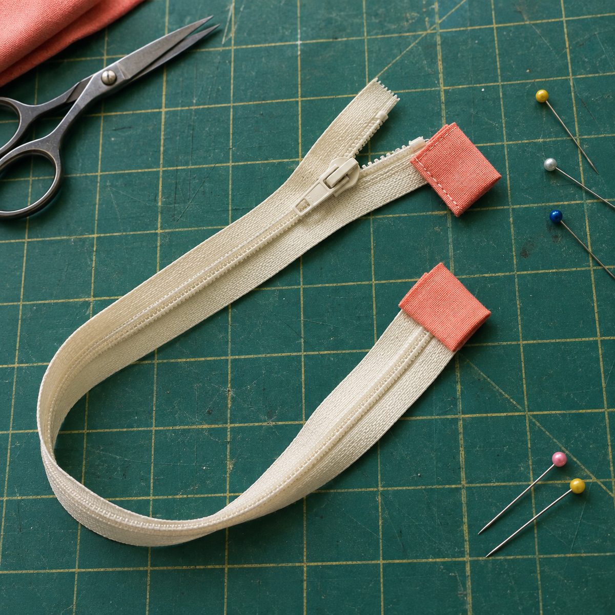 Nylon coil zipper with a folded fabric tab sewn over one end and a second tab ready to attach