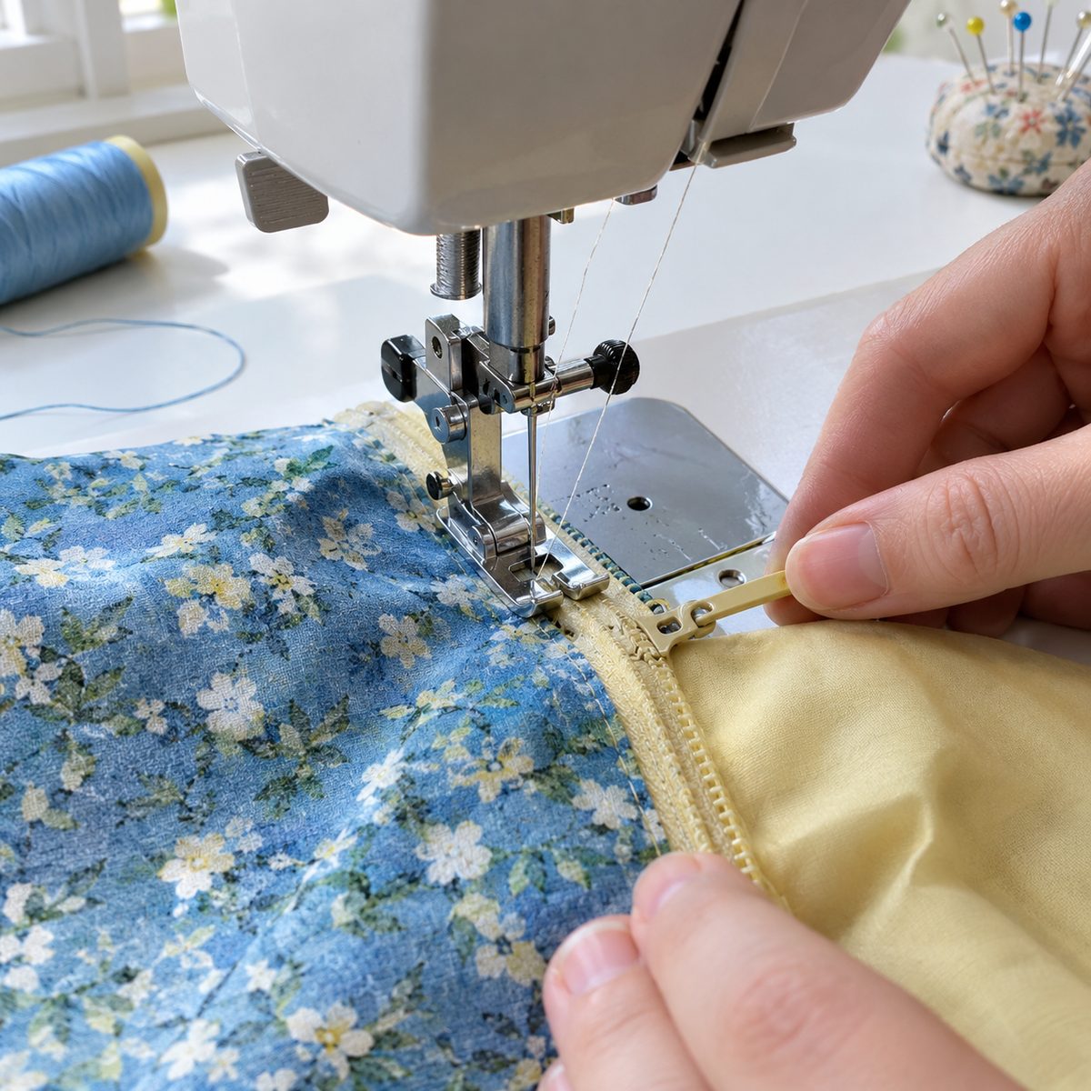 Sewing a zipper into an exterior and lining sandwich while moving the zipper pull past the needle