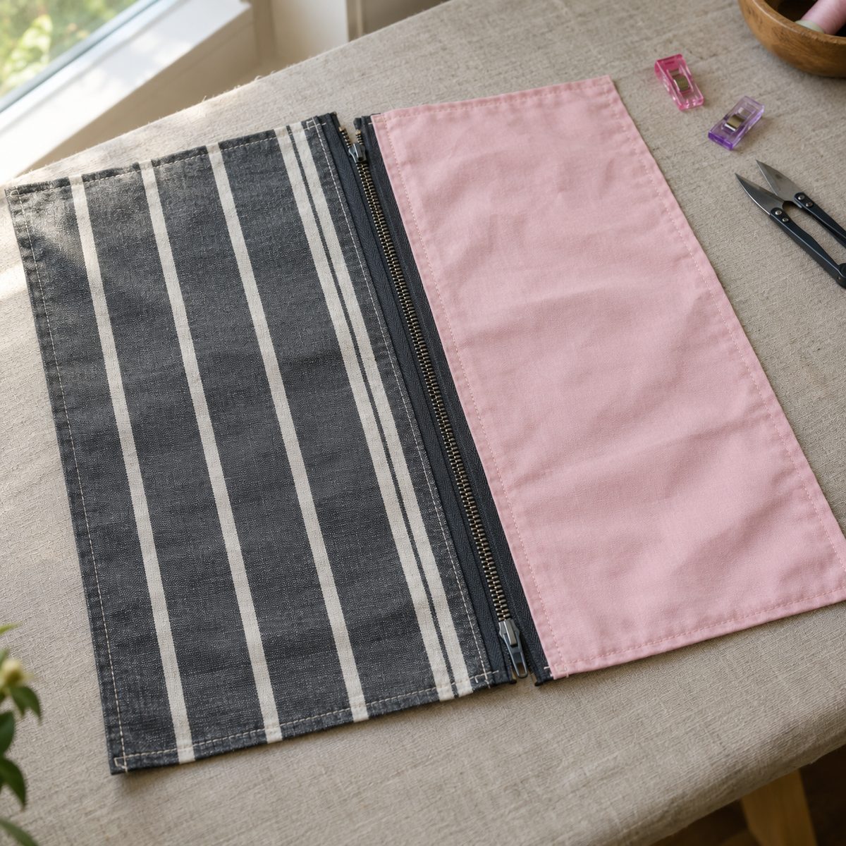 Zipper sewn to both exterior and lining panels with topstitching along each side