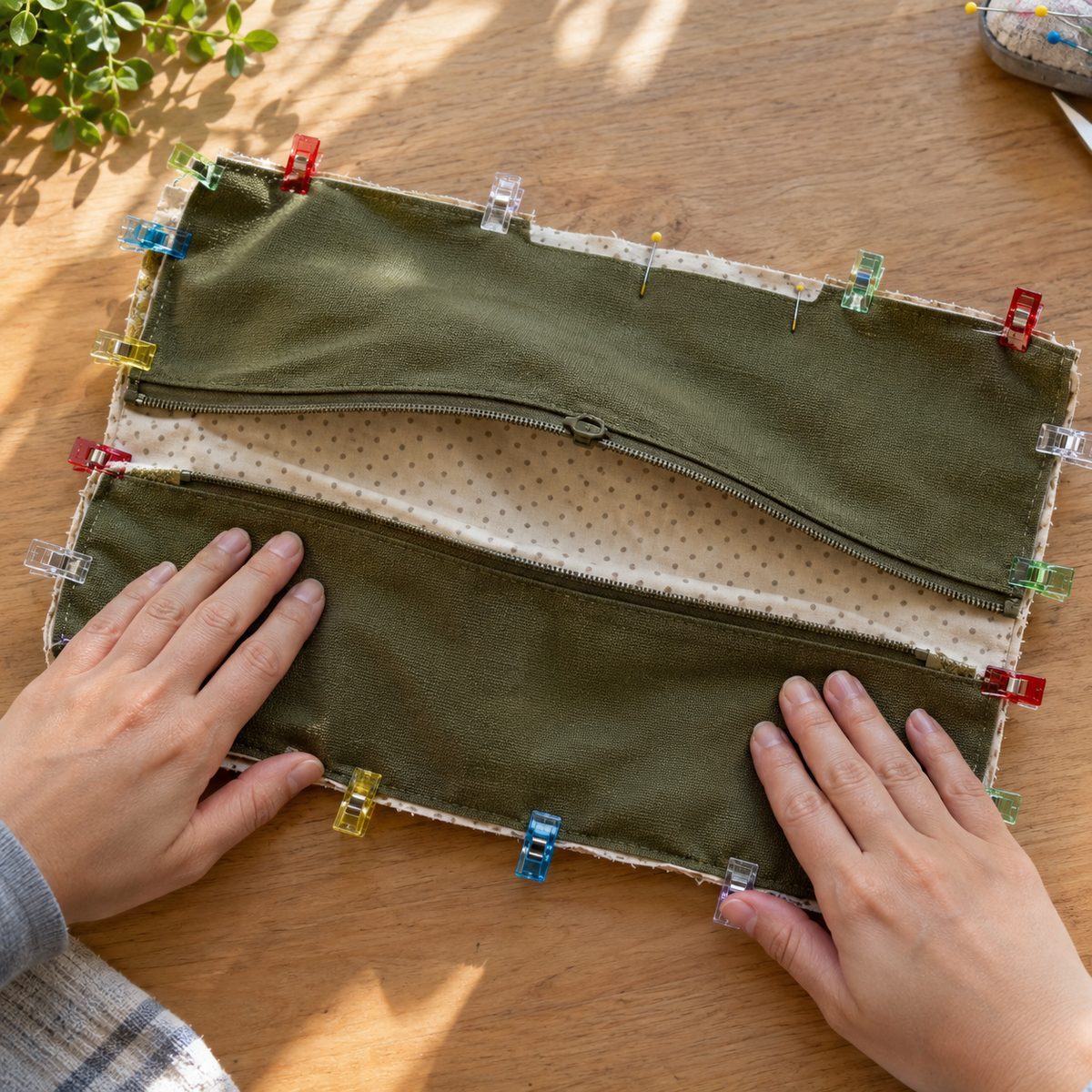 Exterior and lining panels clipped right sides together with the zipper open halfway and a turning gap marked