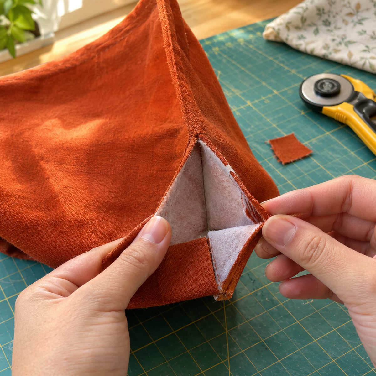 Flattening a pouch corner with the side seam on the bottom seam to sew a boxed corner