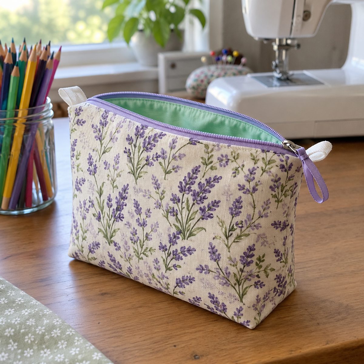 Finished lined zipper pouch with boxed corners standing upright next to a jar of pencils