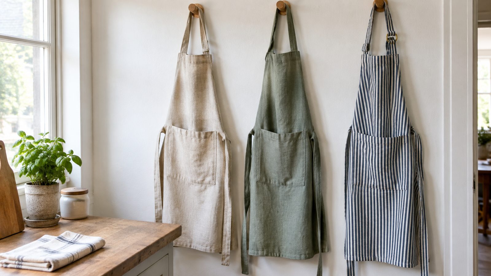 Three handmade bib kitchen aprons in canvas, linen, and ticking stripe hanging on wall hooks