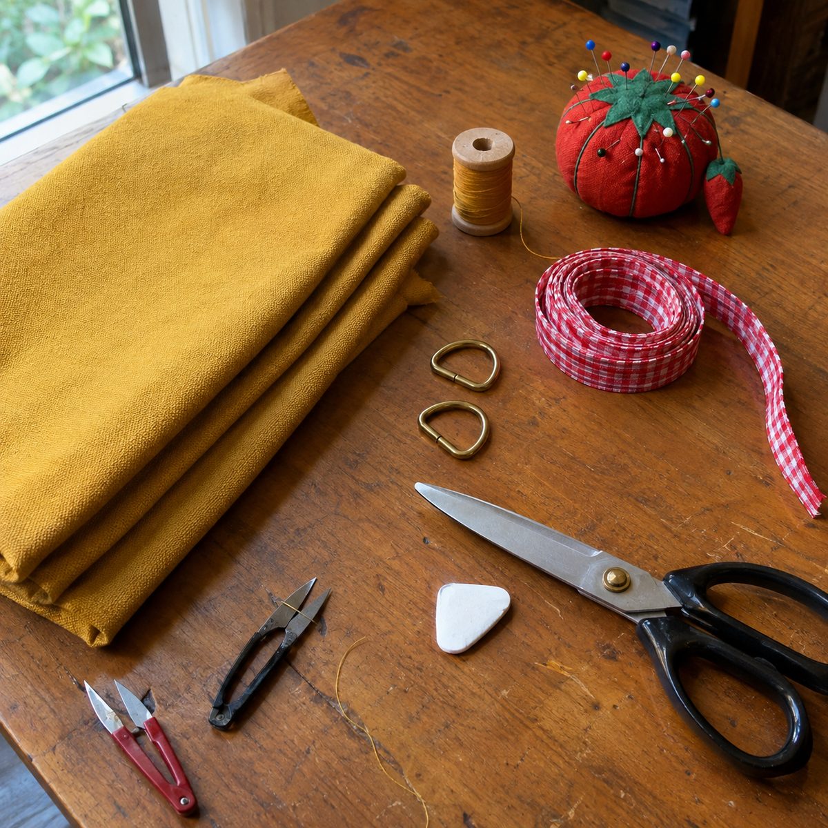 Fabric, thread, D-rings, bias tape, and tools laid out for sewing an apron