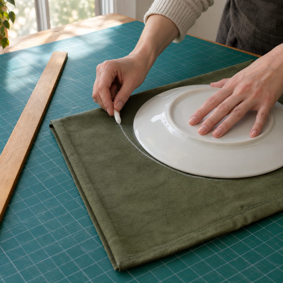 Marking the curved armhole of an apron on folded fabric using a plate as a guide