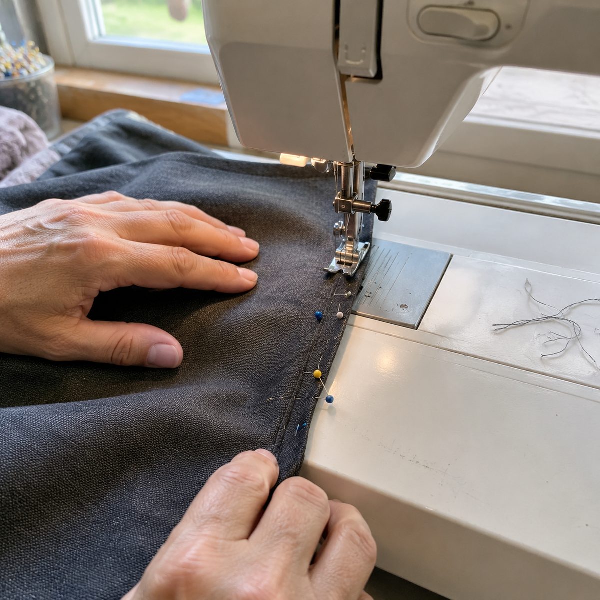 Sewing a double-fold hem along the curved armhole of a canvas apron
