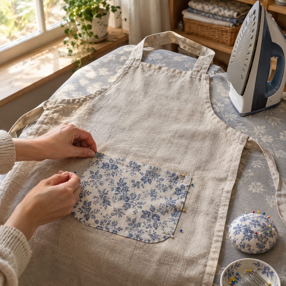 Pinning a floral patch pocket onto the front of a linen apron