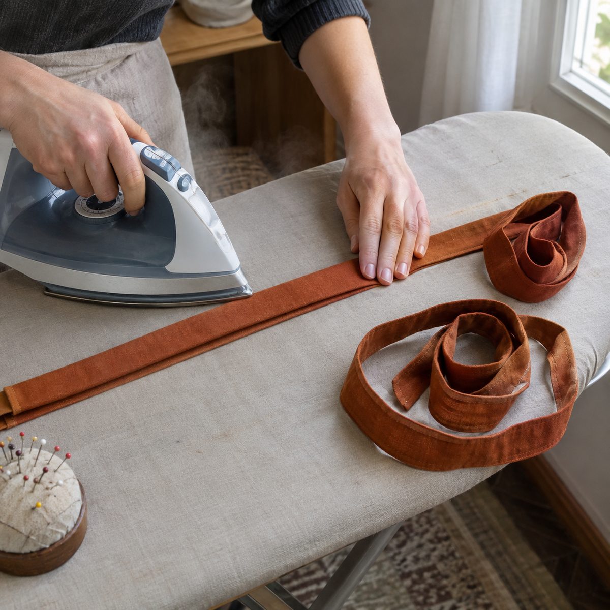 Pressing a four-fold fabric strip to make apron waist ties