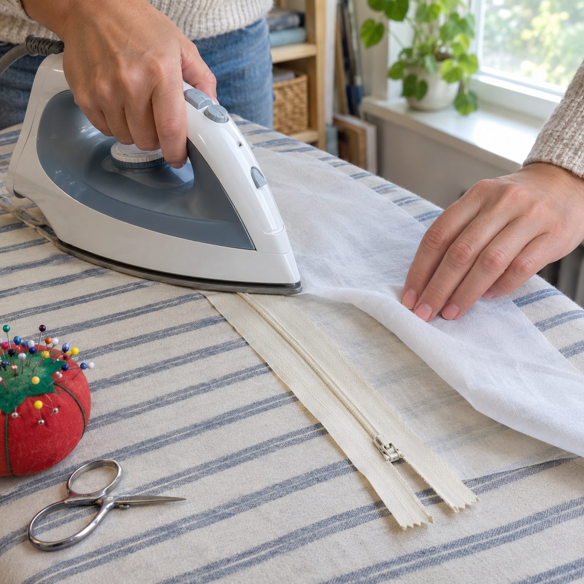 Pressing the coil of an invisible zipper flat with the tip of an iron