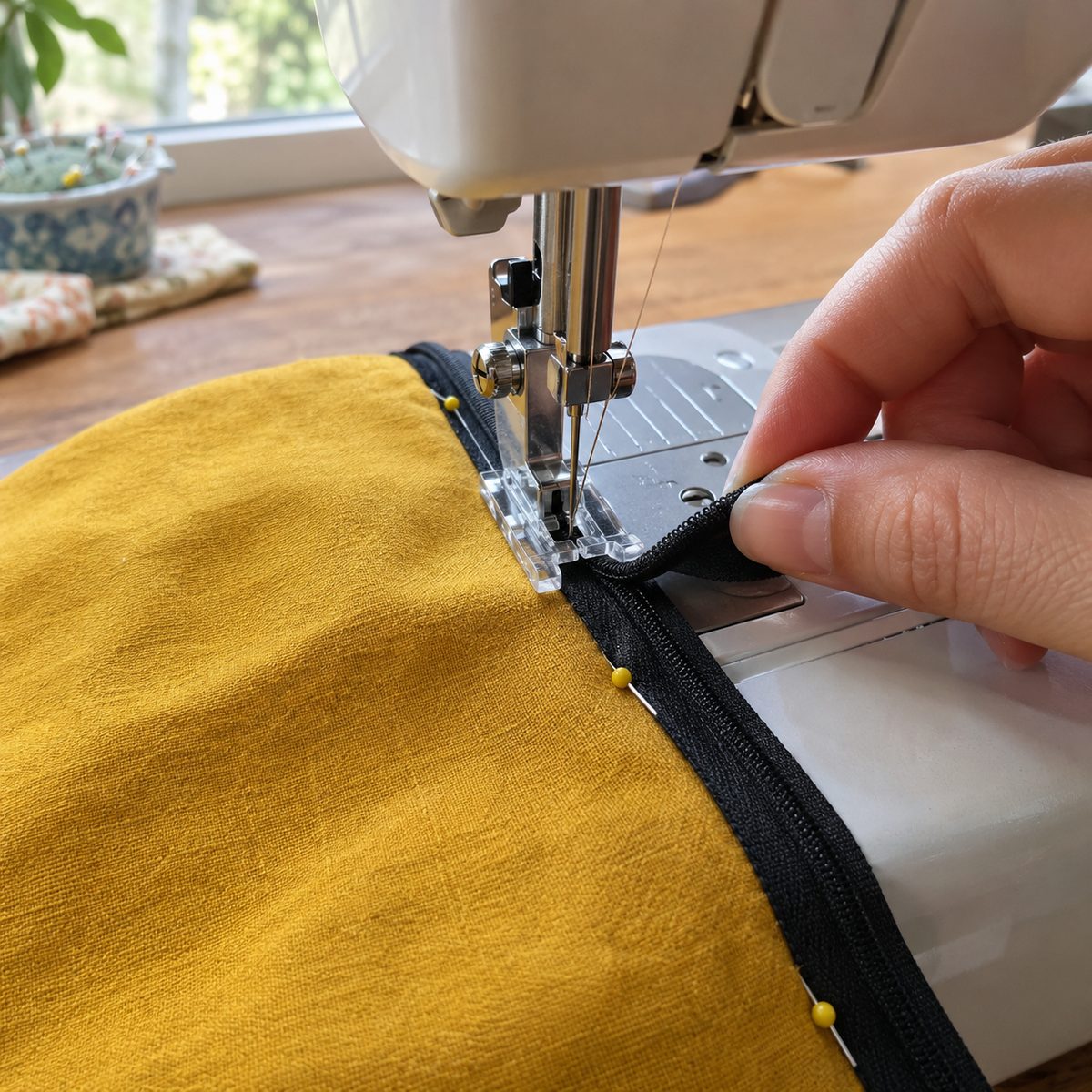 Sewing the first side of an invisible zipper with an invisible zipper foot